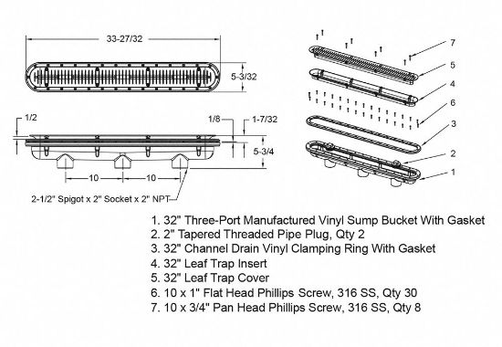 AquaStar 32IN Channel Drain With 3PORT Sump Antientrapment Suction Outlet White - 32CDLTV101
