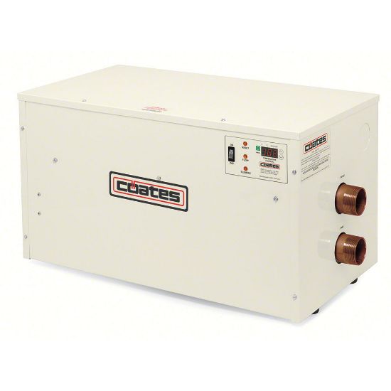 Coates Heater Co Inc 57KW 480 V 55A Elec Pool Spa 3-Phase Heater Salt Water Inch / Outdoor 2IN Mpt Cupro Nickel Tank W/ Titanium Elements W/ Digital Thermostat And Flow Switch / Use Only Inch Water With A Maximum Salt Concentration Of 3500 Ppm 28IN L X 15I