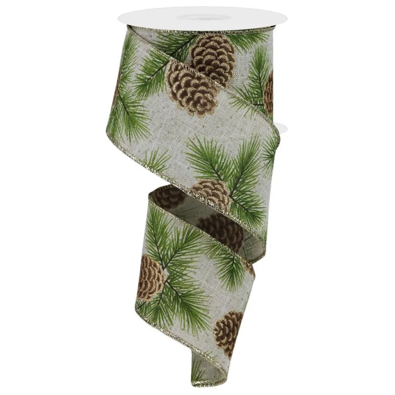 10 Yards of Pine Cones & Pine Needles Royal Burlap Ribbon