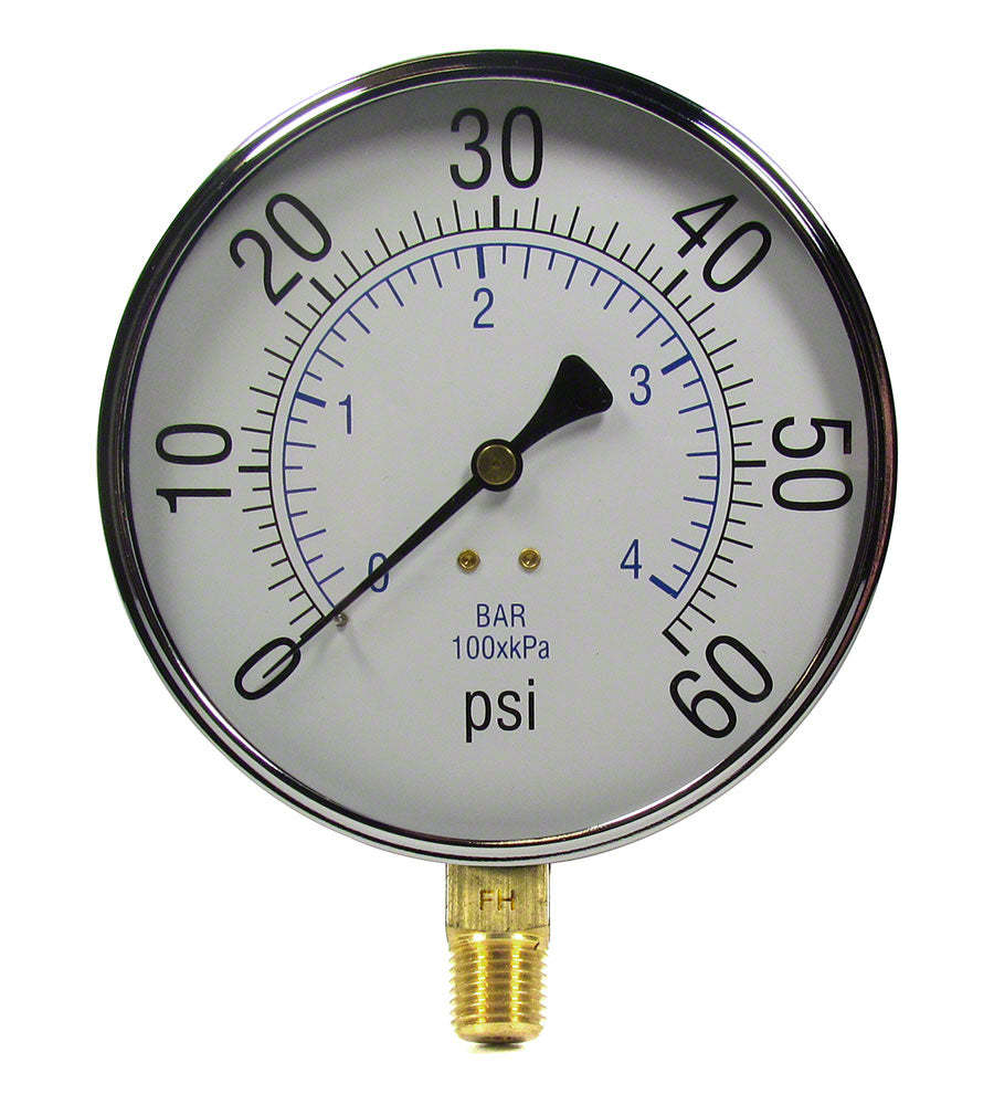 0 to 60 PSI Pressure Gauge - 1/4 Inch Bottom Mount - 4-1/2 Inch Face - Stainless Steel Case