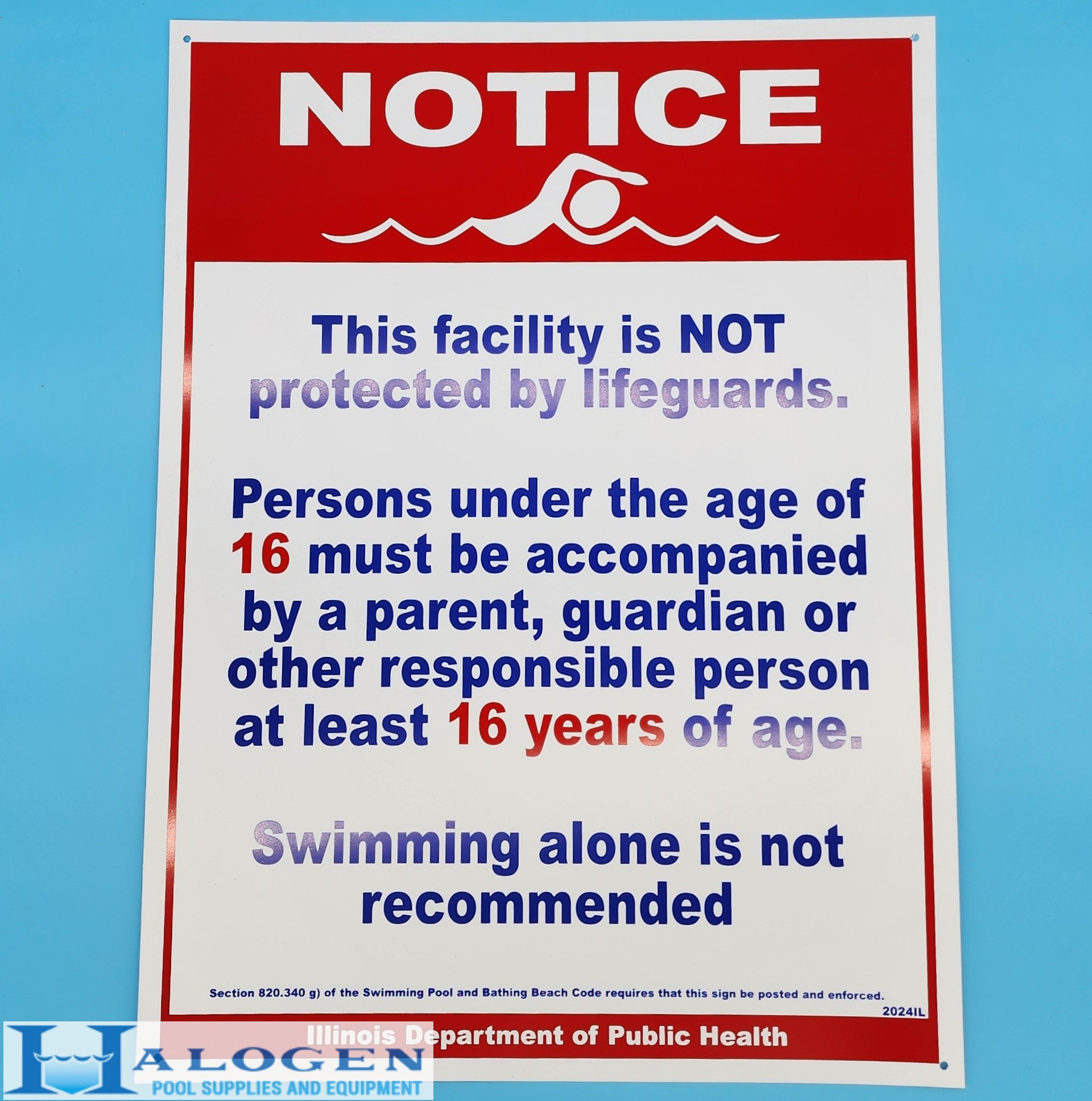 Illinois Required No Lifeguard on Duty Sign (18″ W x 24″ H)