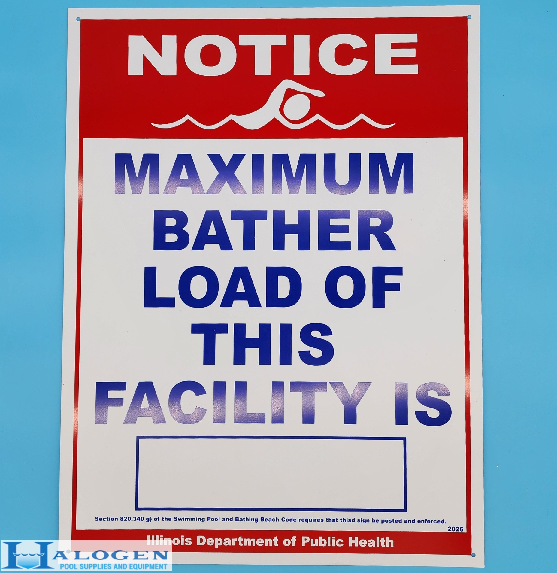 Illinois Required Pool Bather Load Sign (18″ W x 24″ H)