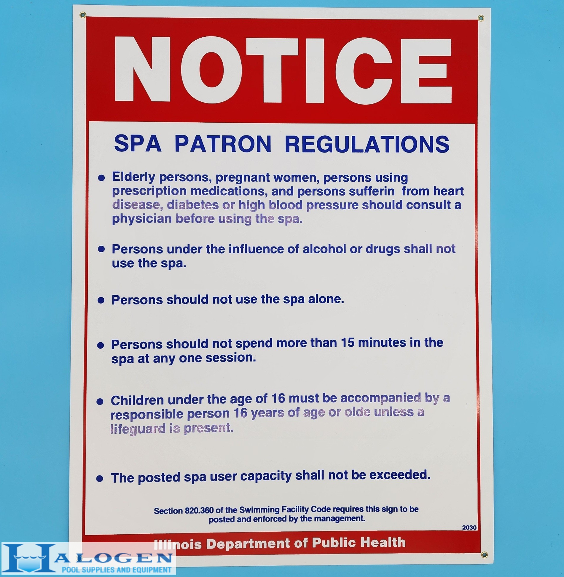 Illinois Required Public Spa Regulations Sign (18″ W x 24″ H)