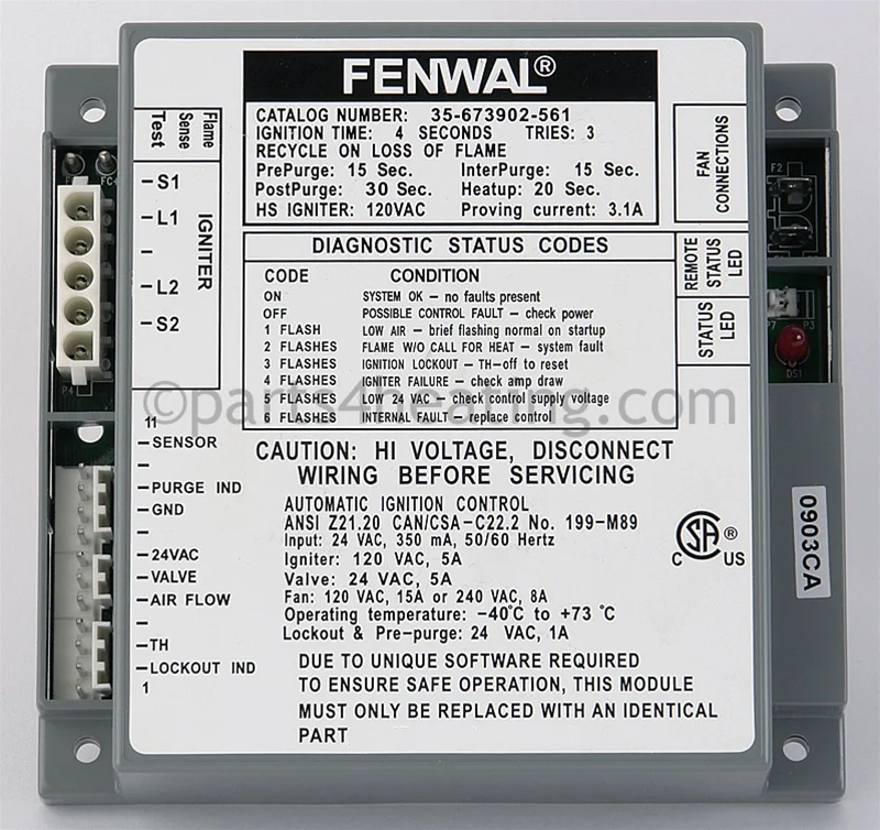 Kidde-Fenwal35-673902-56124 VAC Proven Hot Surface Ignition Control Board With Blower Relay