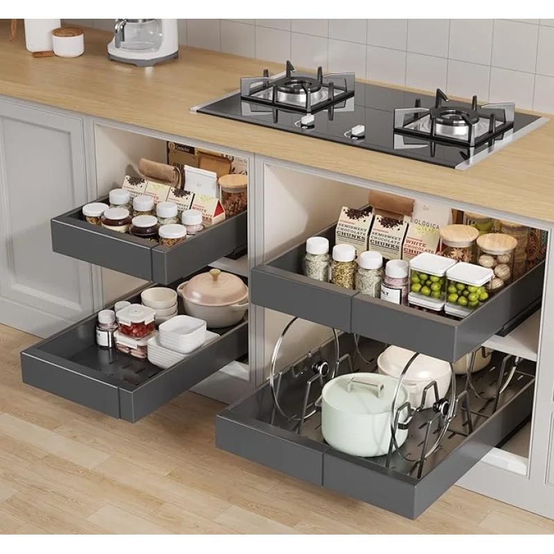 4 Pack Pull Out Cabinet Organizer 21" Deep with Raising Pad for Framed Cabinets, Expandable (9"-14" W) Slide Out Drawers for Kitchen Cabinets with 4pcs Divider Racks, Roll Out Shelves, Black