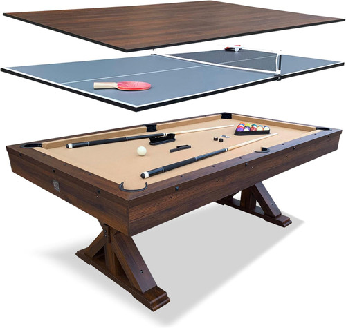 The Rockford 7' Multi-Game Table | Espresso | Tan Felt- with Dining Top Ping Pong Table Combo, Includes Pool Table Accessories and Tennis Paddles