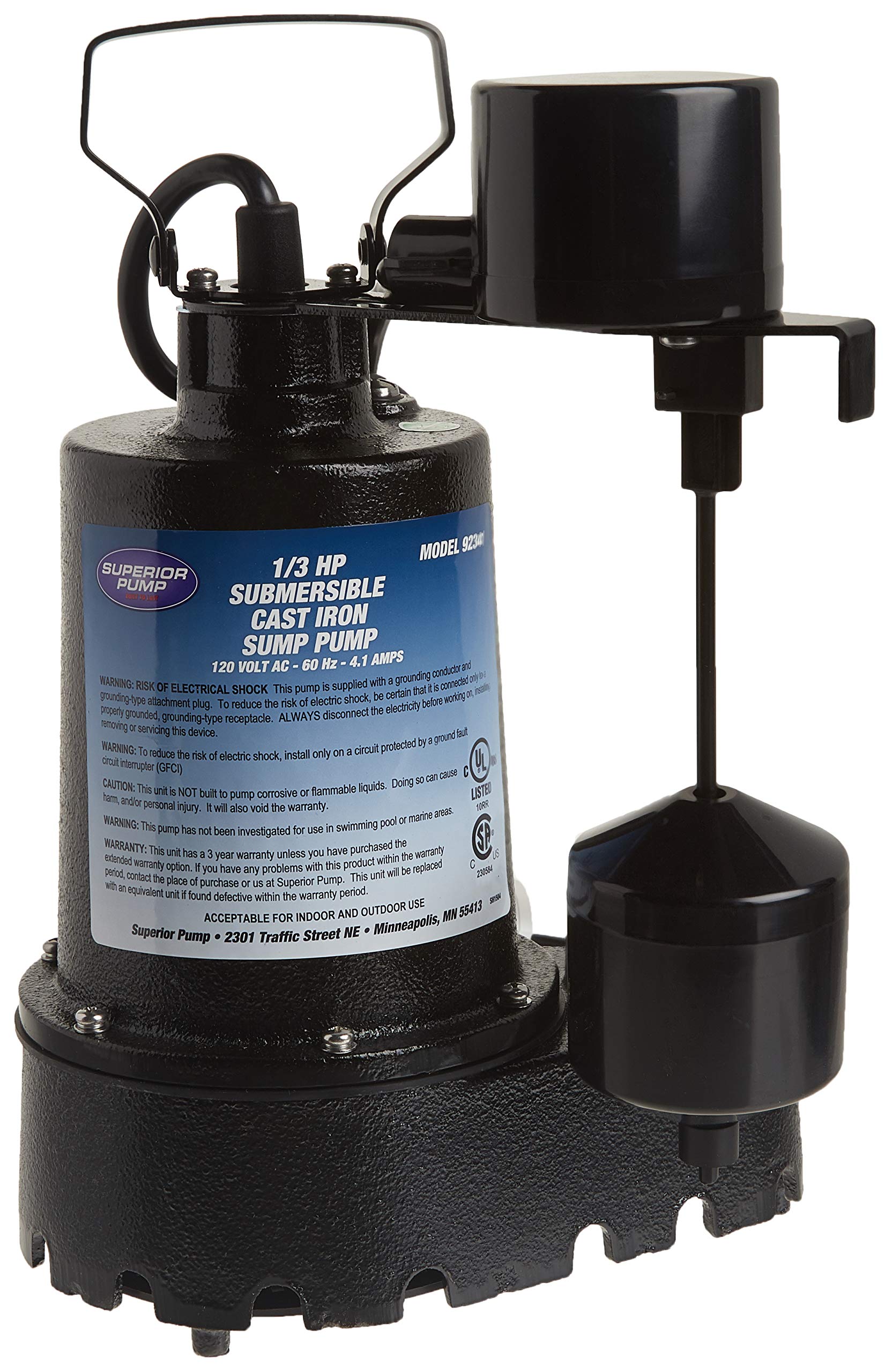 Superior Pump 1/3 HP Cast Iron Submersible Water Drain Pump | 3600 GPH | 92359Superior Pump 1/3 HP Cast Iron Submersible Water Drain Pump | 3600 GPH | 92359