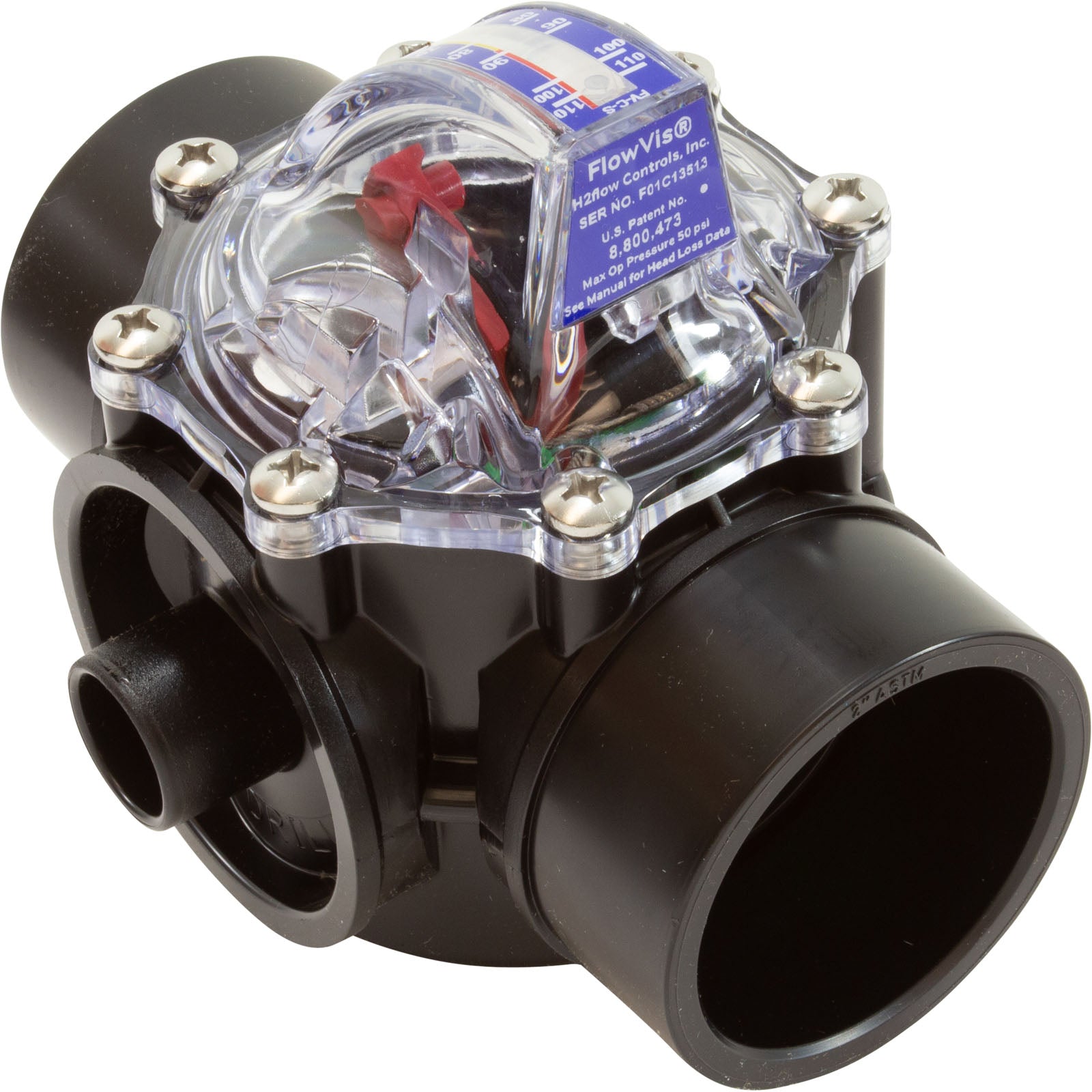 H2Flow FlowVis Flow Meter and Check Valve, 2 in / 2-1/2 in Spigot, with Safety Flapper