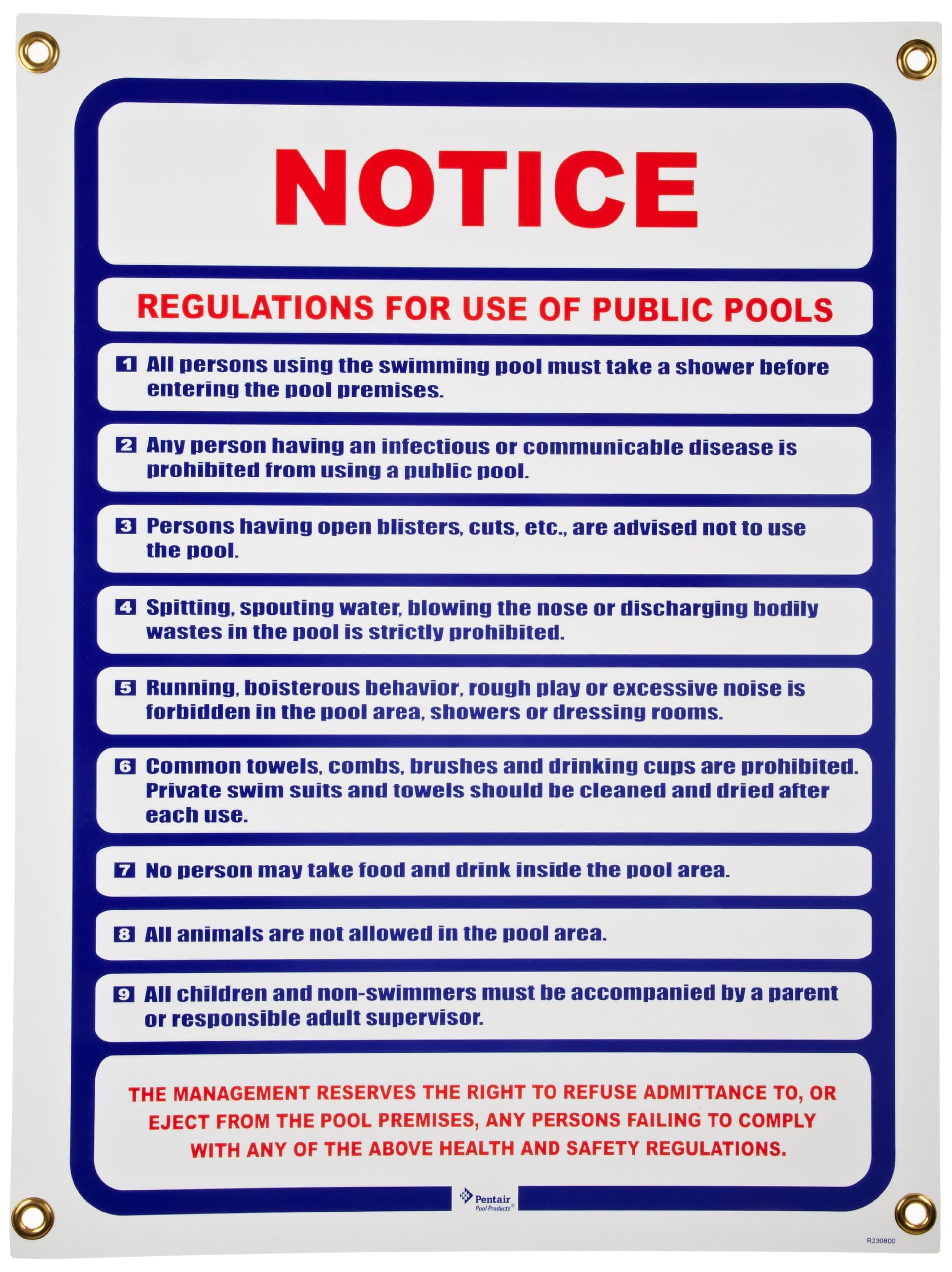 Pentair Public Pool Use Notice 18" x 24" Commercial Safety Signage - R230800