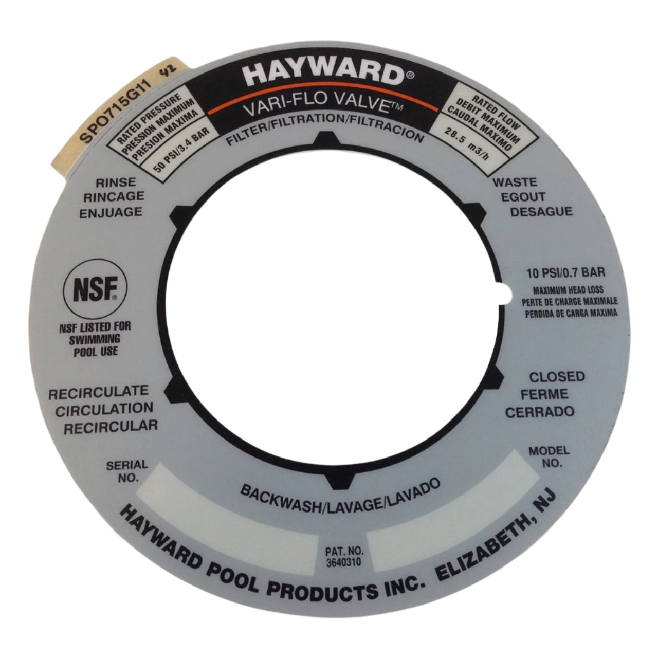 Hayward SP0715 | SP0716 Multiport Valve Position Label - SPX0715G