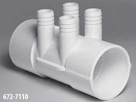 Waterway Plastics Spa Manifold, 2" Slip x 2" Slip, 4-Port, 3/4" Rib Barb | 672-7110