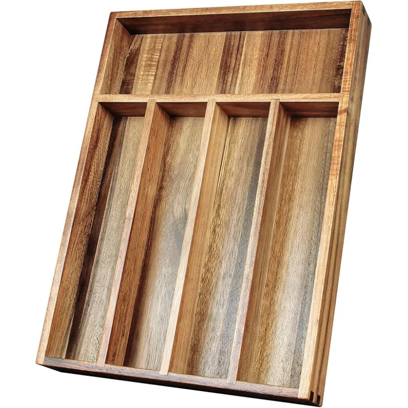 Acacia Wood Silverware Organizer, Kitchen Utensil Drawer Organizer for Forks, Knives & Spoons, 5-Compartment Cutlery Tray, Flatware Holder