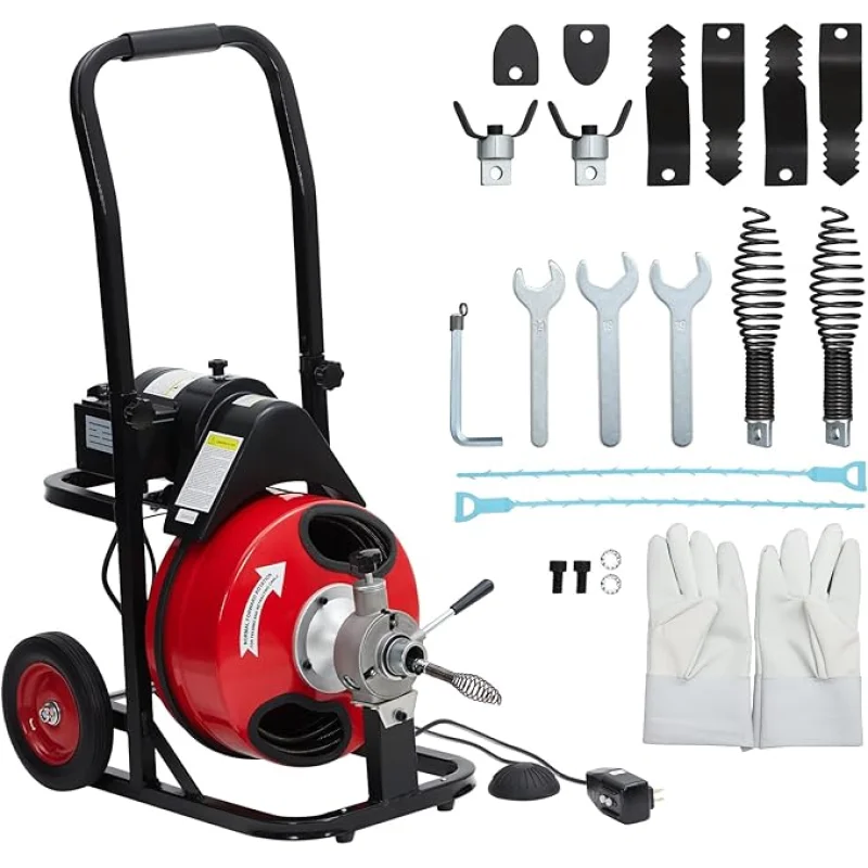Auto Feed 100 ft x 3/8 in Drain Cleaner Machine with 370W Motor, Portable Sewer Snake Auger with 8 Cutters & Air-Activated Foot Switch, Fits 1 in to 4 in Pipes, Black & Red