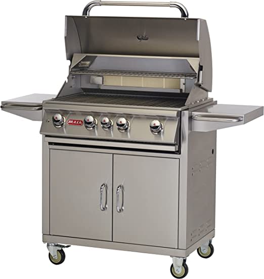 Bull BBQ Angus 30” Grill 4-Burner Stainless Steel Gas BBQ with Infrared Back Burner, Cart, Prep Shelves, and Storage, Propane Gas