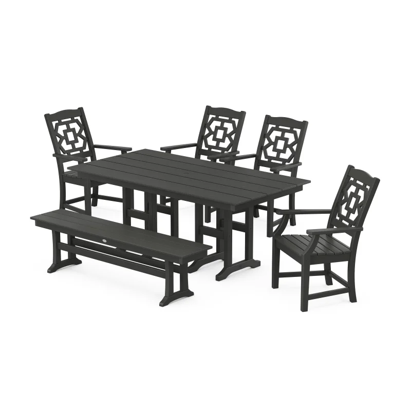 Chinoiserie 6-Piece Farmhouse Dining Set with Bench Black