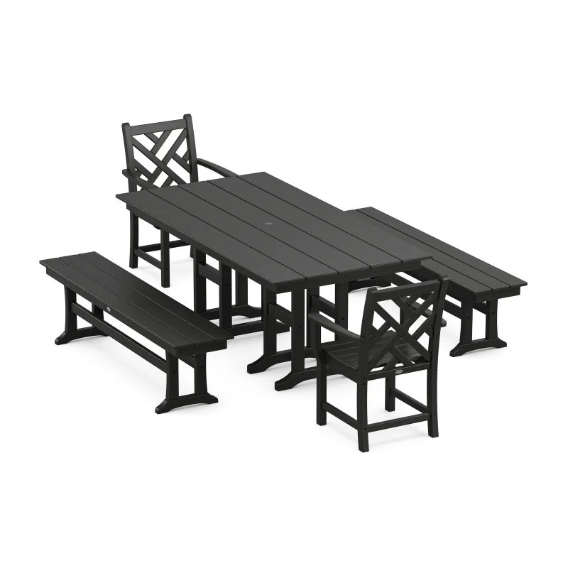 Chippendale 5-Piece Farmhouse Dining Set with Benches Black