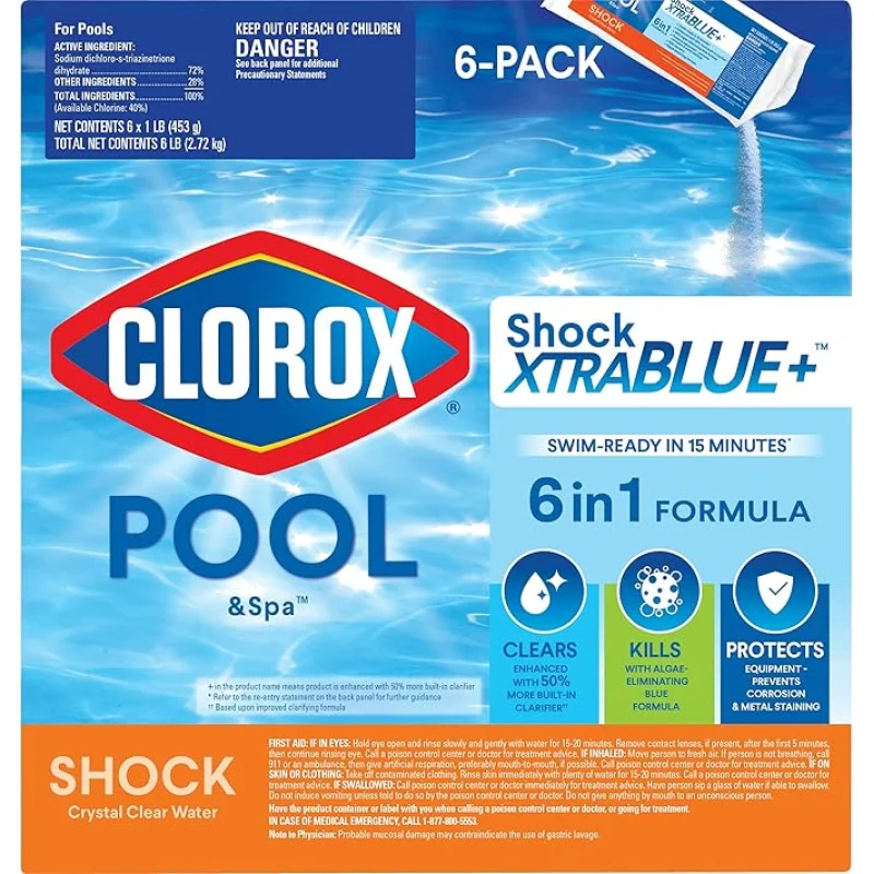 Clorox Pool&Spa Shock XTRABLUE Plus, Kills Bacteria & Algae in Swimming Pools, Swim-Ready in 15 Minutes, (6-Pack)