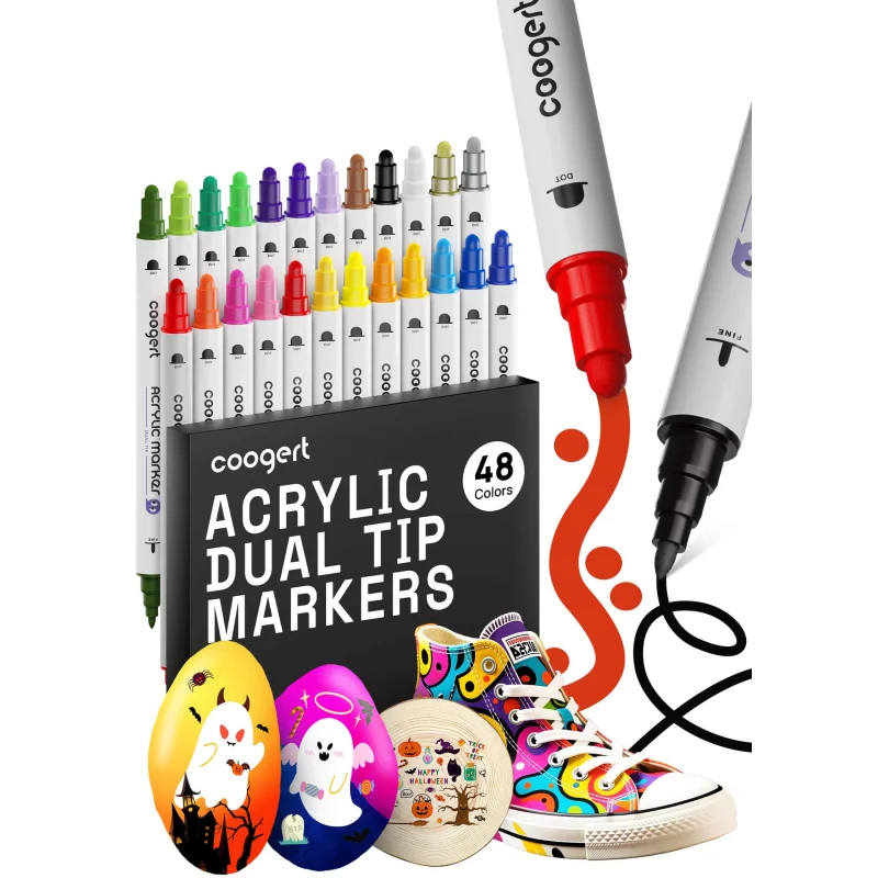 Coogert 48 Colors Dual Tip Acrylic Paint Markers,Fine Tip and Dot Tip Acrylic Paint Pens For Rock Painting, Canvas, Wood, Glass, Ceramic, Fabric, Plastic, Egg, Art Painting Supplies Kit