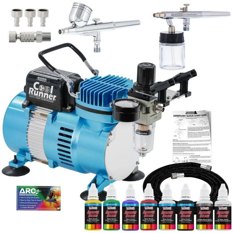 Cool Runner II with Air Compressor Dual Fan, Gravity & Siphon Feed Airbrush Set, 6 Color Acrylic Paints Primary Opaque Colors Manual