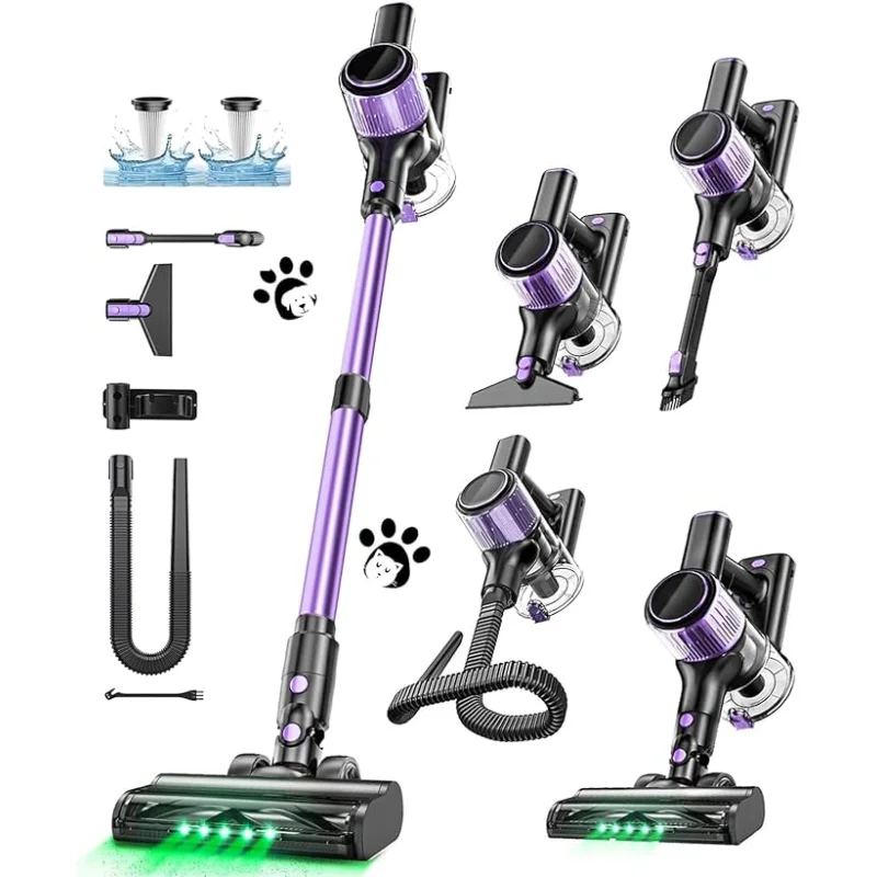 Cordless Vacuum Cleaner, 10 in 1 Stick Vacuum with Powerful Suction, Hose, Green LED Light, Anti-Tangle Brush, Lightweight Rechargeable Vacuum Cleaner for Home, Hardwood Floors,Pet Hair (Purple)