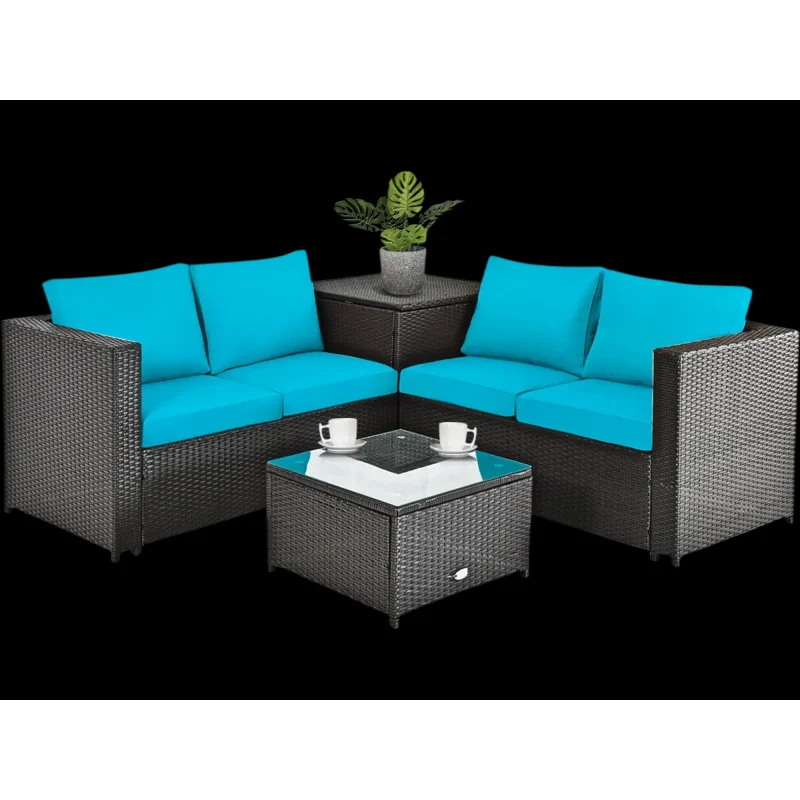 Costway 4-Pc Outdoor Patio Rattan Furniture Set Loveseat Storage Box 24683051 New Turquoise