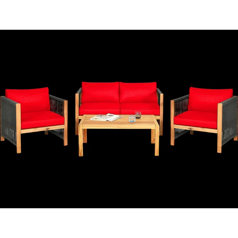 Costway 4-Piece Acacia Wood Outdoor Patio Sofa Set with Cushions 27630584 New Red