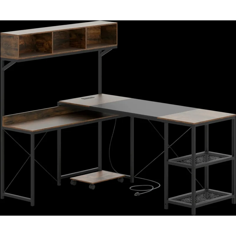 Costway 62" L-Shaped Computer Desk with Power Outlets Storage Hutch 92150419 New