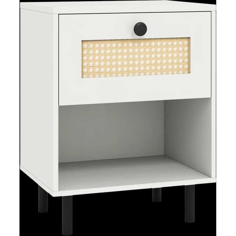 Costway Boho Rattan Nightstand End Table Drawer Open Shelf 45137682 New White