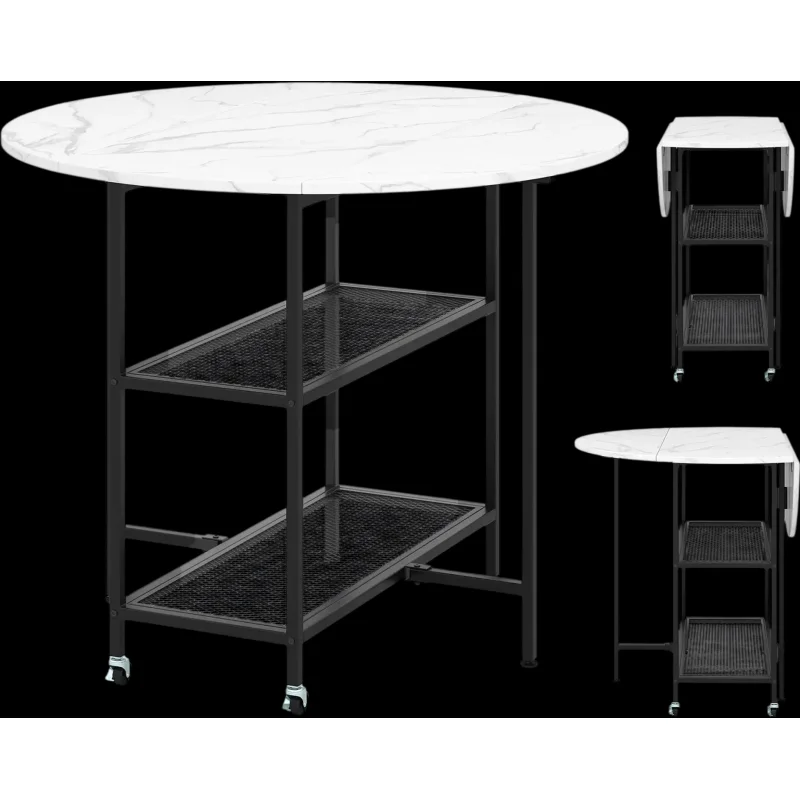 Costway Folding Round Dining Table Lockable Wheels 128964735 New White