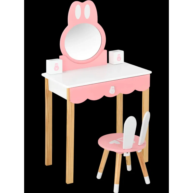 Costway Kids Rabbit Vanity Table Chair Set Mirror Drawer 26487390 New White