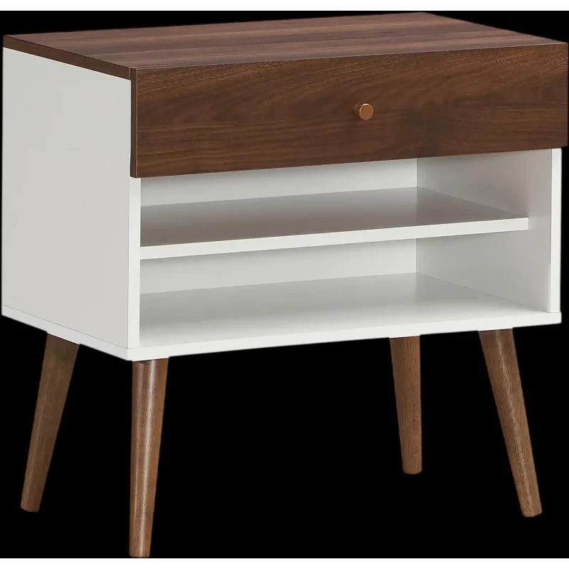 Costway Mid-Century Nightstand w/ Drawer Rubber Wood Legs 20734681 New