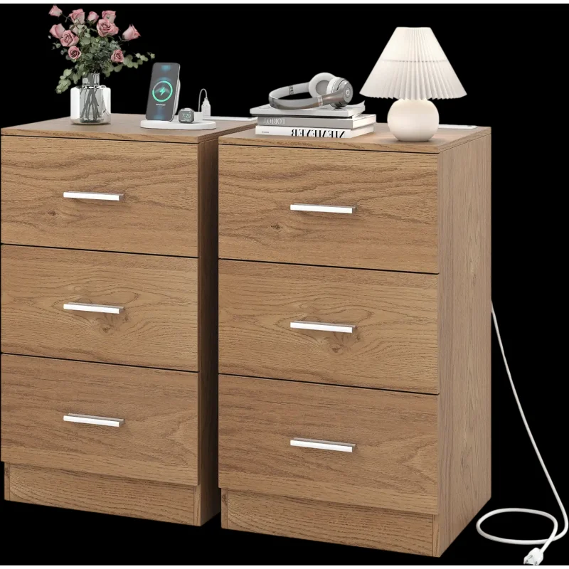 Costway Set of 2 Nightstands w/ Charging Station 3-Drawer Bedside End Table 63297028 New Natural