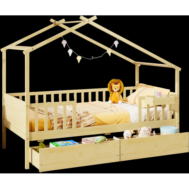 Costway Twin House Bed Frame w/ 2 Storage Drawers Roof Fence Rails Natural 36821947 New Natural
