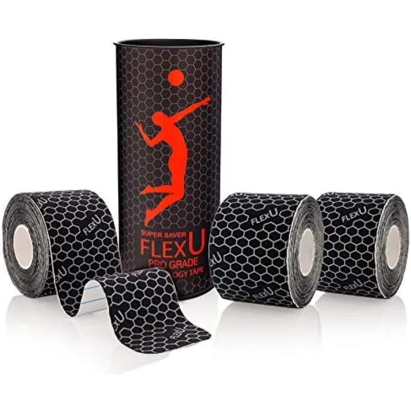 FlexU Kinesiology Tape - 60 2" x 10" Pre-Cut Strips for Lower Back, Knees, & Shoulders; Pain Relief & Support for Muscles & Joints, Shoulders, Knees & Back, Rheumatism, Gout, Osteoporosis (Black)