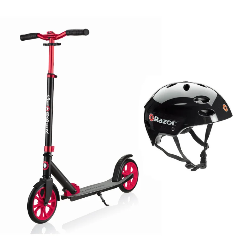 Globber NL 500-205 Foldable 2-Wheel Kick Scooter, Red and Helmet, Glossy Black