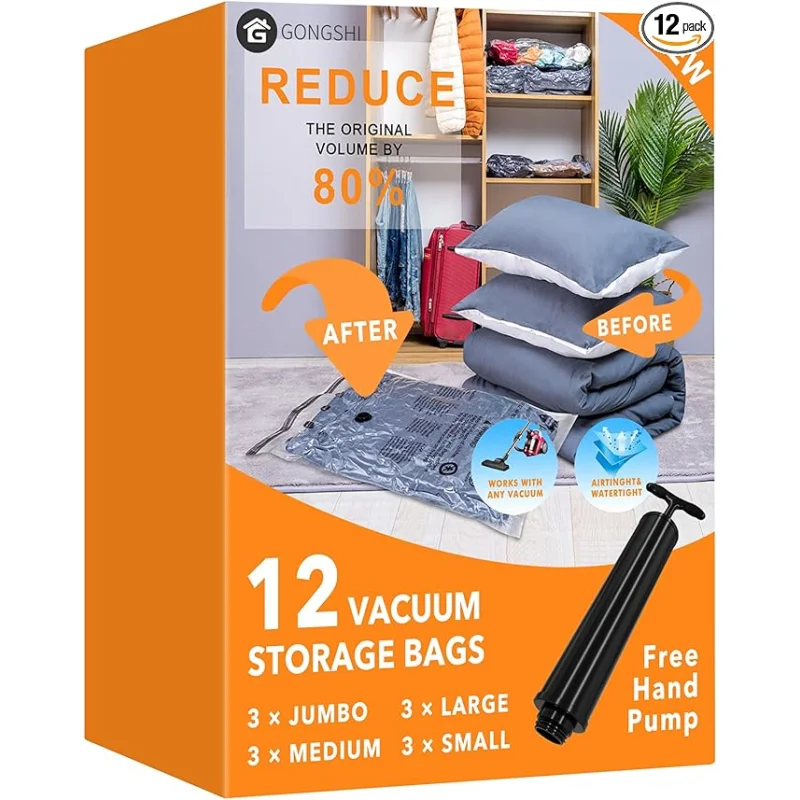 GONGSHI Vacuum Storage Bags, Space Saver Seal Bags For Clothing, Travel Luggage,Blankets, Comforters, Pillows, Clothes Storage.12 Combo