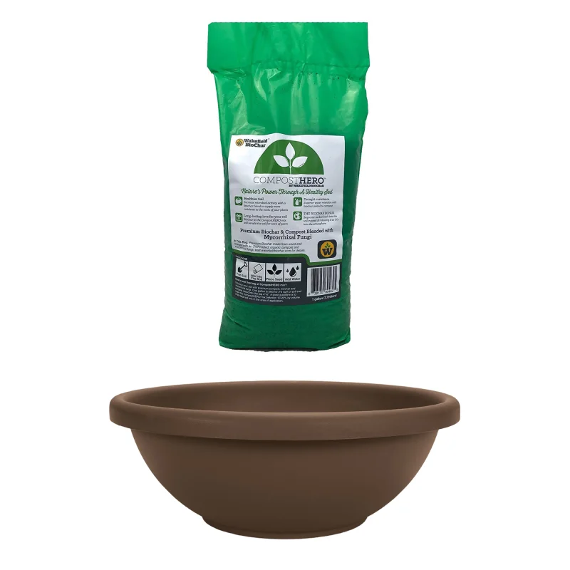 HC Companies 14in Classic Round Planter, Chocolate & Wakefield HERO 1gal Compost