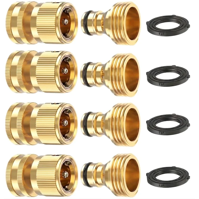 Kesfitt Garden Hose Quick Connect 3/4 Inch GHT Solid Brass Hose Connector Adapter Kit Fitting No-Leak Water Hose Female and Male Adapter (4 Sets)