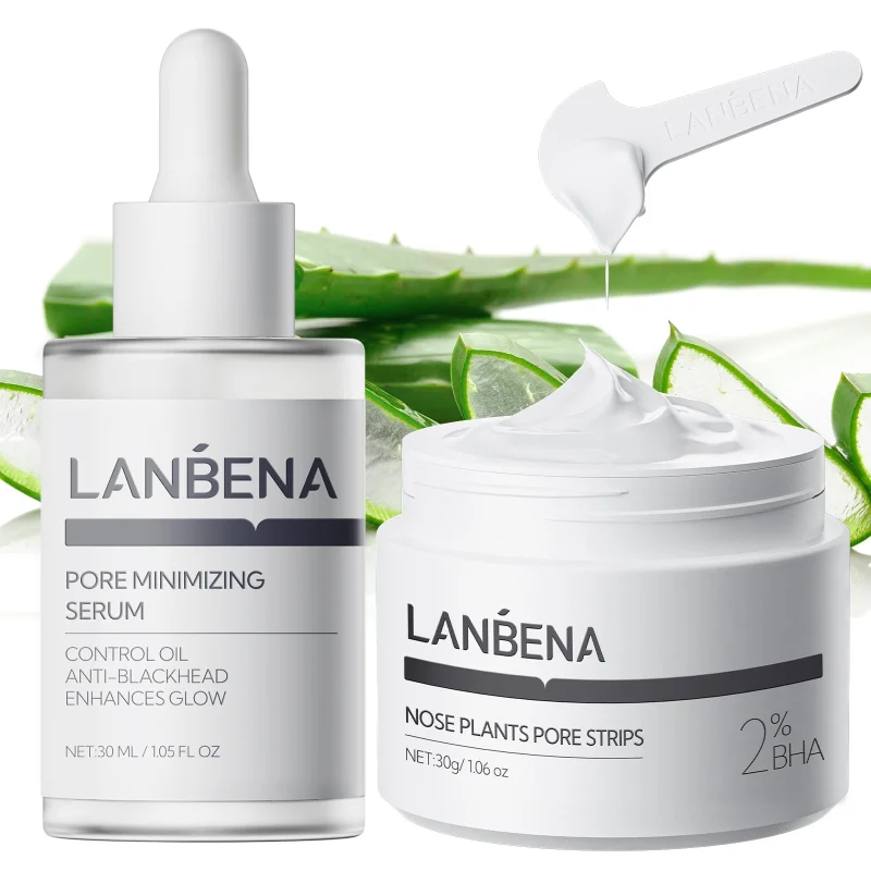 LANBENA 3-in-1 Blackhead Removal Set - Pore Strips (30g), Pore Minimizing Serum (30ml) & Removal Paper - Mask for Face, Minimizes Pores & Leaves Skin Fresh & Clean, Blackhead Remover