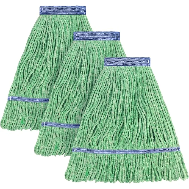 Matthew Cleaning Heavy Duty Mop Head Commercial Replacement for General and Floor Cleaning , Wet Industrial Blue Cotton Looped End String Head Refill (Pack of 3) Green