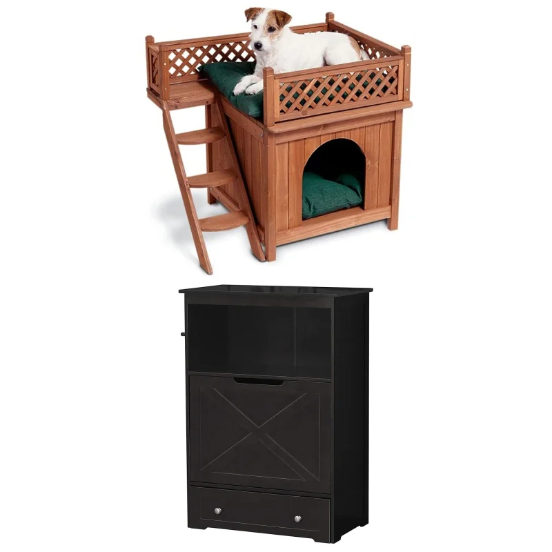 Merry Products Room w/ a View Indoor Outdoor 2 Level Wooden House for Small Pets + Zoovilla Pet Feeder Large Storage Bin with Hidden Elevated Dog Bowl Stand, Black