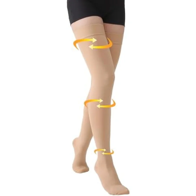 MGANG Medical 20-30 mmHg Compression Stockings for Women & Men, Pair, Thigh High Graduated Compression Socks, Closed Toe, Opaque, Support for Varicose Veins, Edema, DVT, Swelling, Flight, Beige S