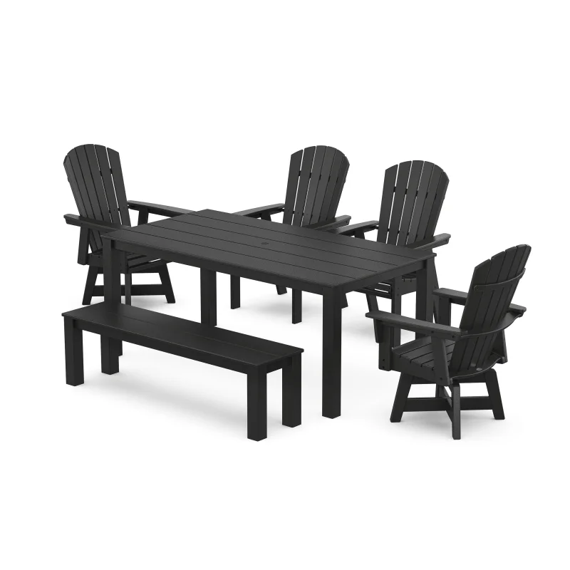 Nautical Curveback Adirondack Swivel 6-Piece Parsons Dining Set with Bench Black