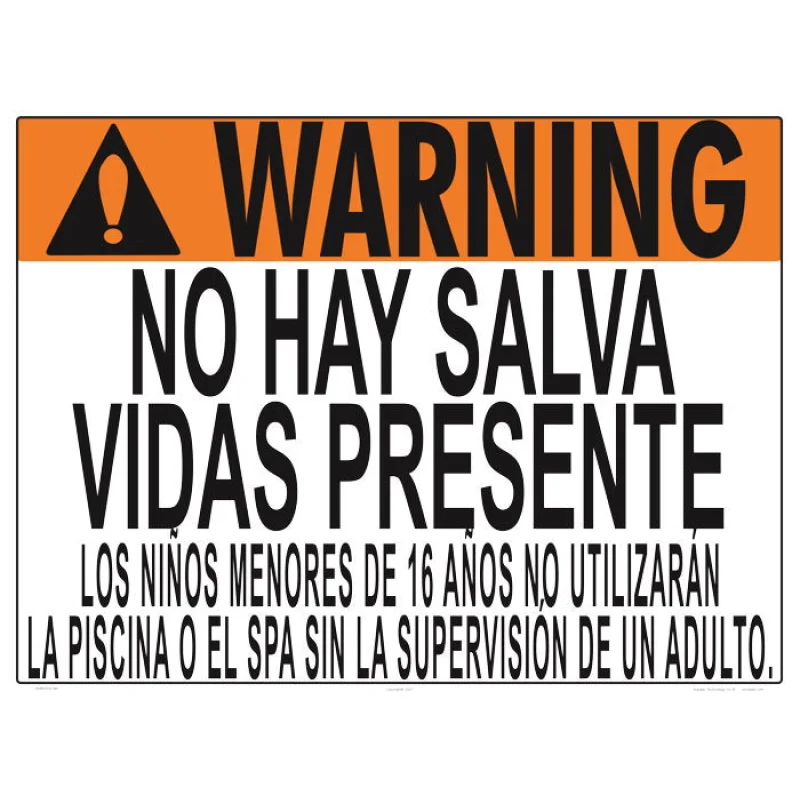 Nebraska No Lifeguard Warning Sign in Spanish (16 Years and Under) - 24 x 18 Inches on Styrene Plastic