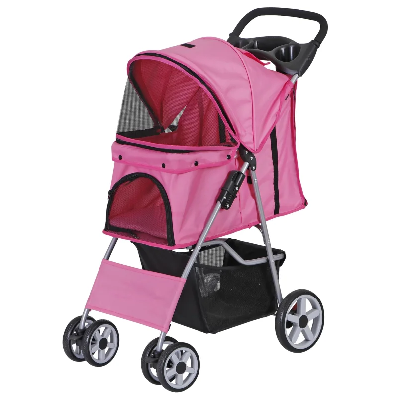 Pet Stroller 4 Wheels Dog Cat Stroller for Small Medium Dog Cats Carrier Jogger Travel Foldable Puppy with Storage Basket and Cup Holder (Pink)