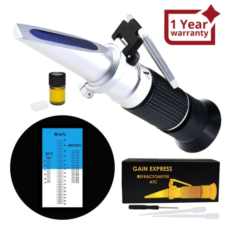 REB-90ATC 3-in-1 Honey Refractometer Brix/Moisture/Baume Tester Meter ATC, Tri-Scale 58-90%/12-27%/38-43Be', Sugar Water Content Level Beekeeping Maple Syrup, Test Kit w/Calibration Oil & Block