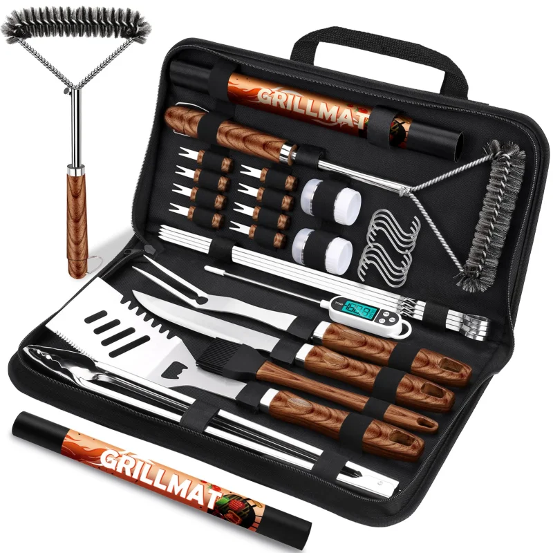 RINPIR 31pcs BBQ Grill Accessories Gifts for Men Dad, Heavy Duty Grilling Tools Gift Set for Fathers Day, Stainless Steel BBQ Utensils Kit with Mats, Grill Brush in Carrying Bag Brown