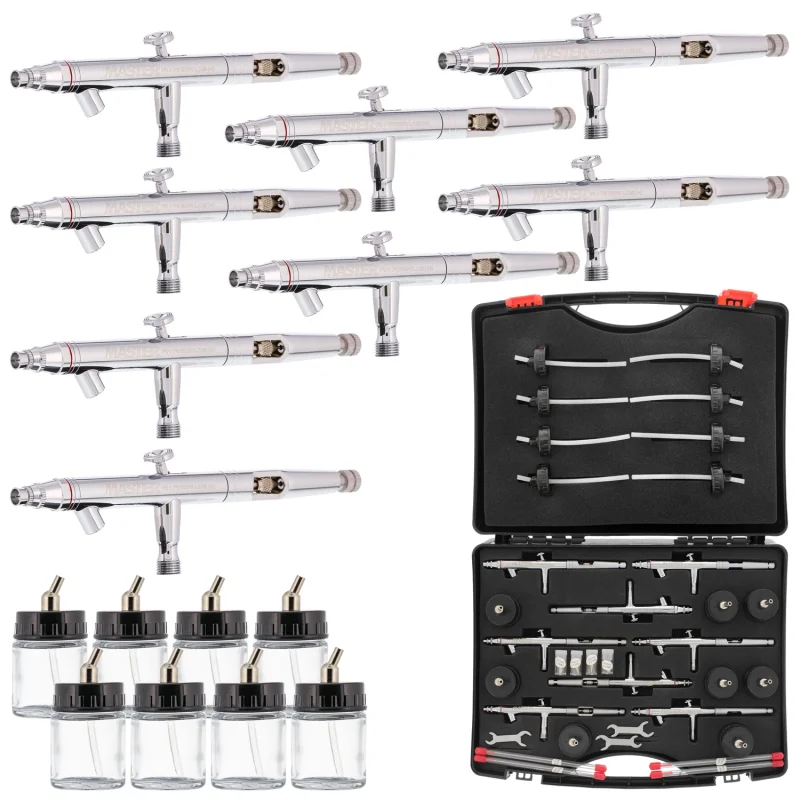 S67 Professional Studio Airbrush Set - 8 Dual-Action Airbrush Guns with 0.3mm, 0.5mm, and 0.8mm Interchangeable Tip Sets