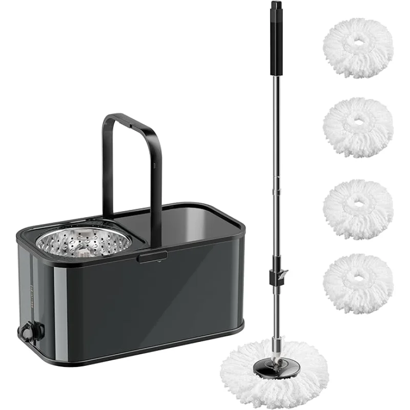 Spin Mop and Bucket with Wringer Set for Home,360 Mop and Bucket with Separate Clean and Dirty Water,Wet Dust Mop for Floor Cleaning with Extra Refills (Black)