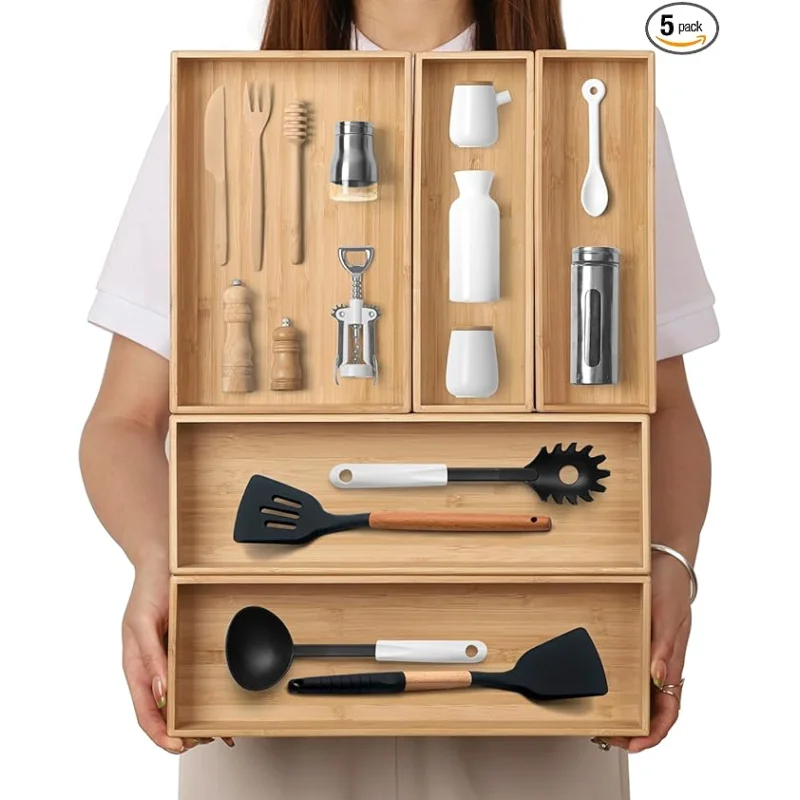 Stack Bamboo Drawer Organizer Set of 5, Kitchen Utensil, Flatware&Silverware Organizer-Wood Laminated Stackable for Kitchen, Bedroom, 13.4''x4.5''*2+10.2''x3.3''*2+10.2''x6.7''*1